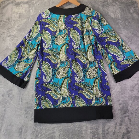 Cato Womens M Paisley Print Tunic Top Bell Sleeve Boho Retro Blue Green Black - Picture 6 of 8